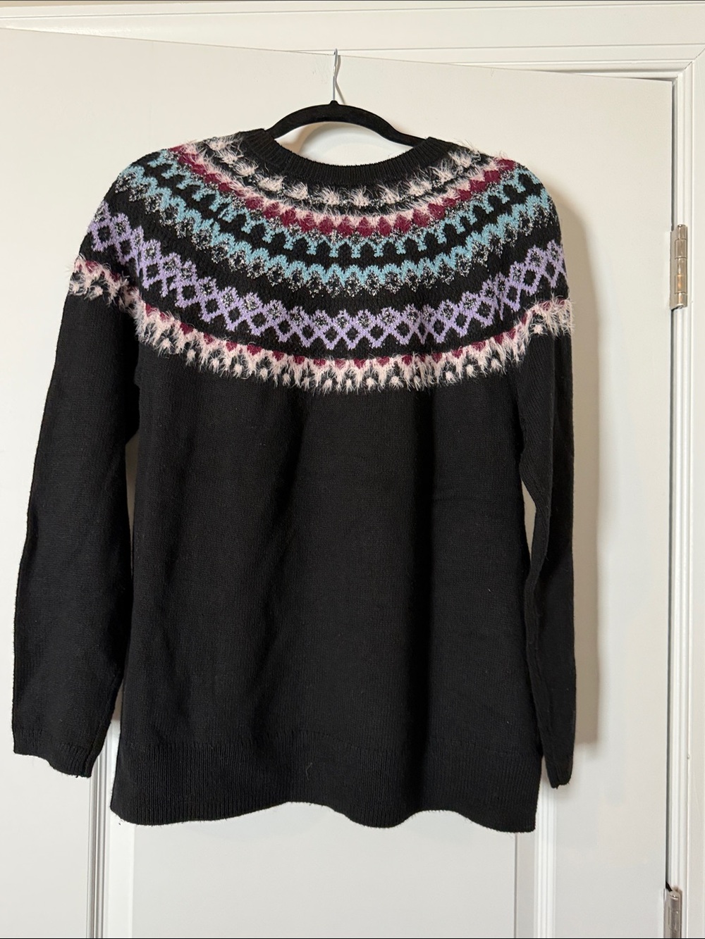 J. Jill Black Crewneck Sweater with Teal, Lavender & Burgundy Fair Isle Yoke - Picture 8 of 8